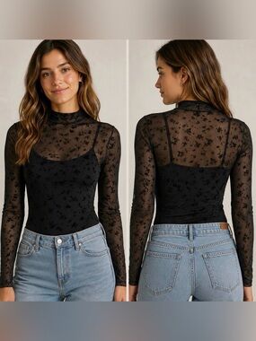 Rolla Coster Black Sheer Floral Mesh Long-Sleeve Camisole